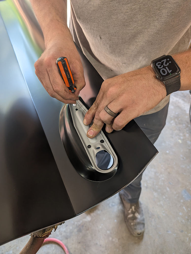 23 Installing door handle recess on black skinned 1966 Chevy truck door