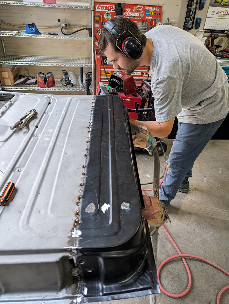 33 Stitch welds along replacement panel seam on 1966 Chevy truck door restoration