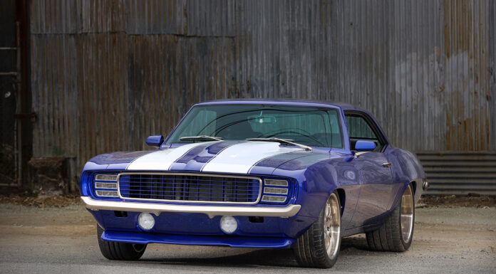002 1969 Chevy Camaro front angle bold grille rally stripes and modernized lighting