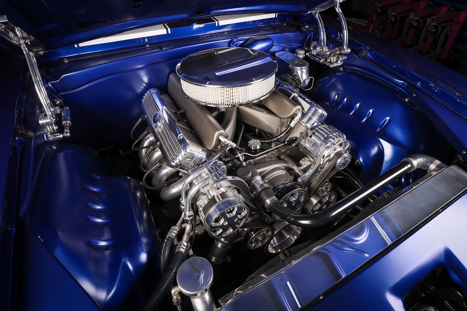 007 1969 Chevy Camaro engine bay high performance V8 polished components and custom valve covers