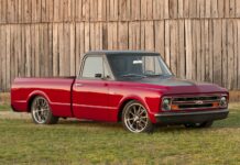 01 1967 Chevy C10 in red and matte gray with custom wheels and lowered suspension for a modernized classic look 1
