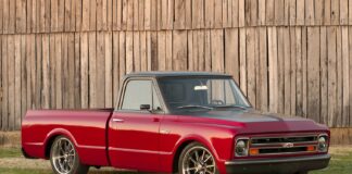 01 1967 Chevy C10 in red and matte gray with custom wheels and lowered suspension for a modernized classic look 1