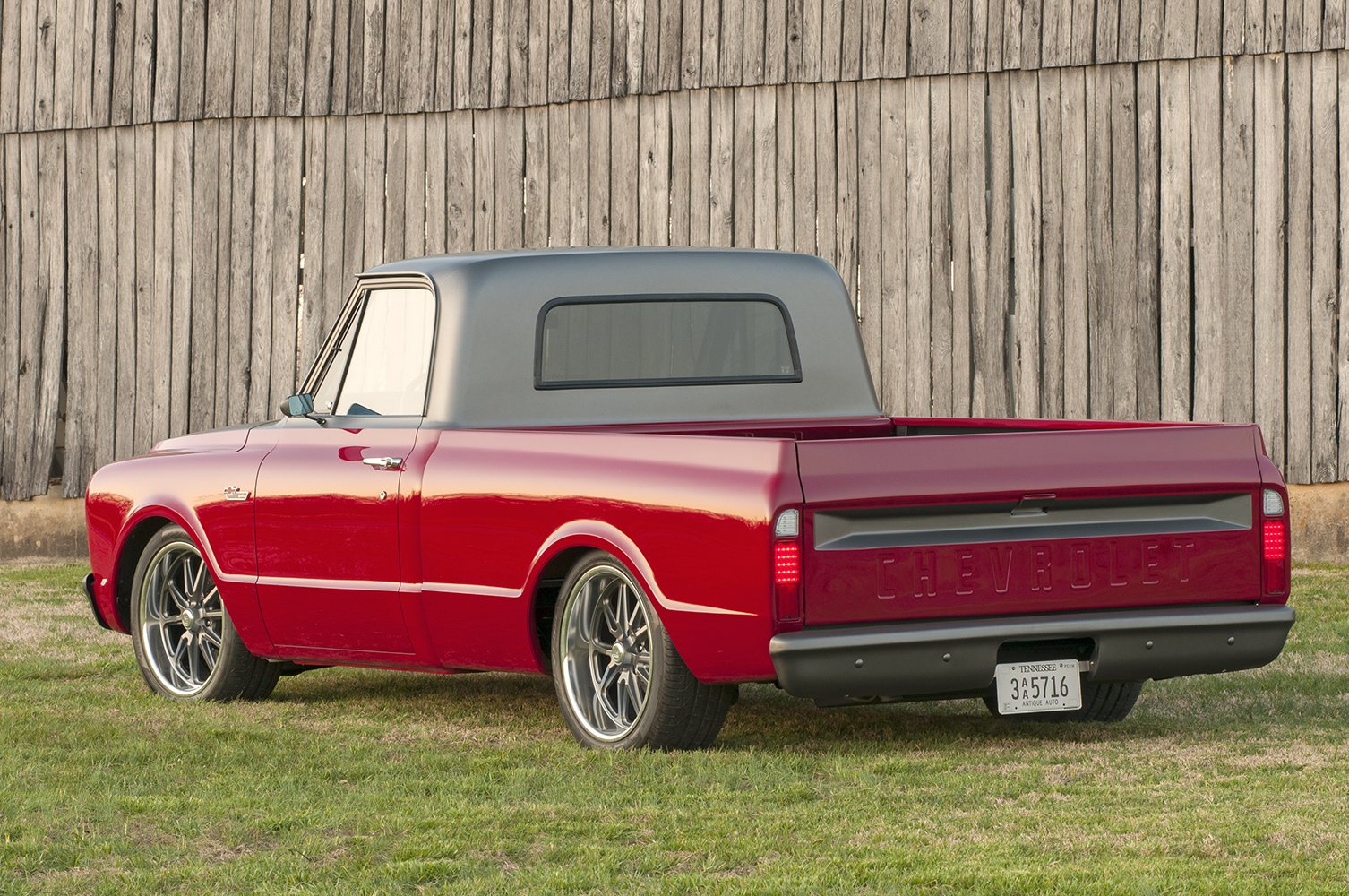 02 Rear view of the 1967 Chevy C10 showcasing the stamped Chevrolet tailgate and custom taillights 1