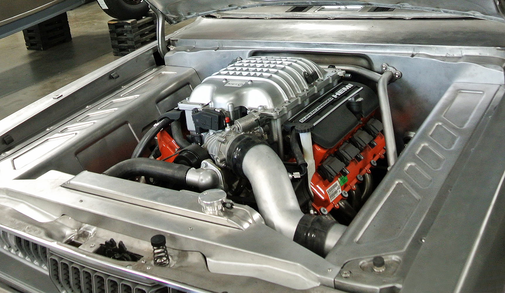 02 Supercharged HEMI engine under the hood of the custom 1971 Plymouth with clean fabrication