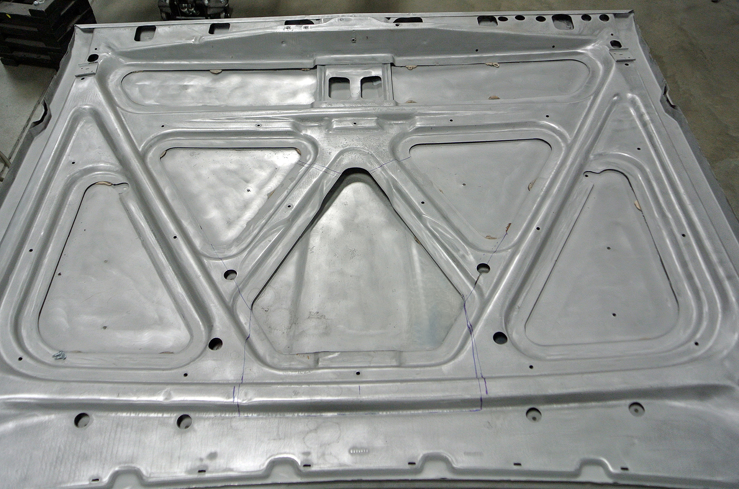 03 Underside of a fabricated hood showing intricate structural design for the 1971 Plymouth build