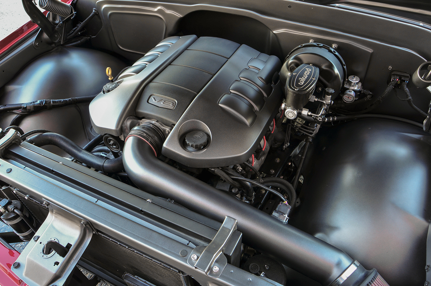 04 Engine bay of the 1967 Chevy C10 featuring a modern LS V8 engine with Wilwood brake components