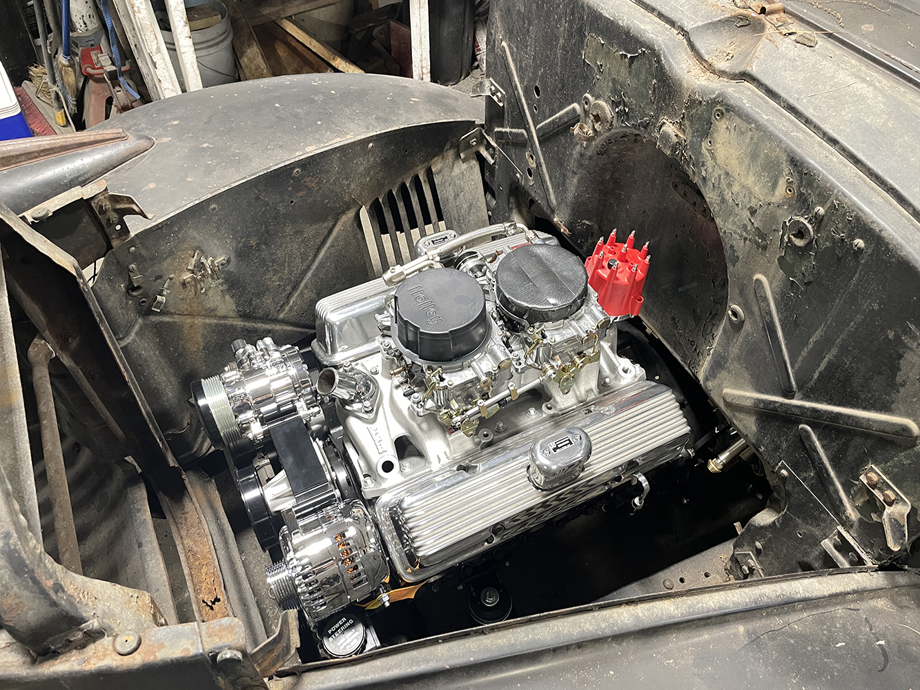 14 1946 Chevy V8 installed in engine bay