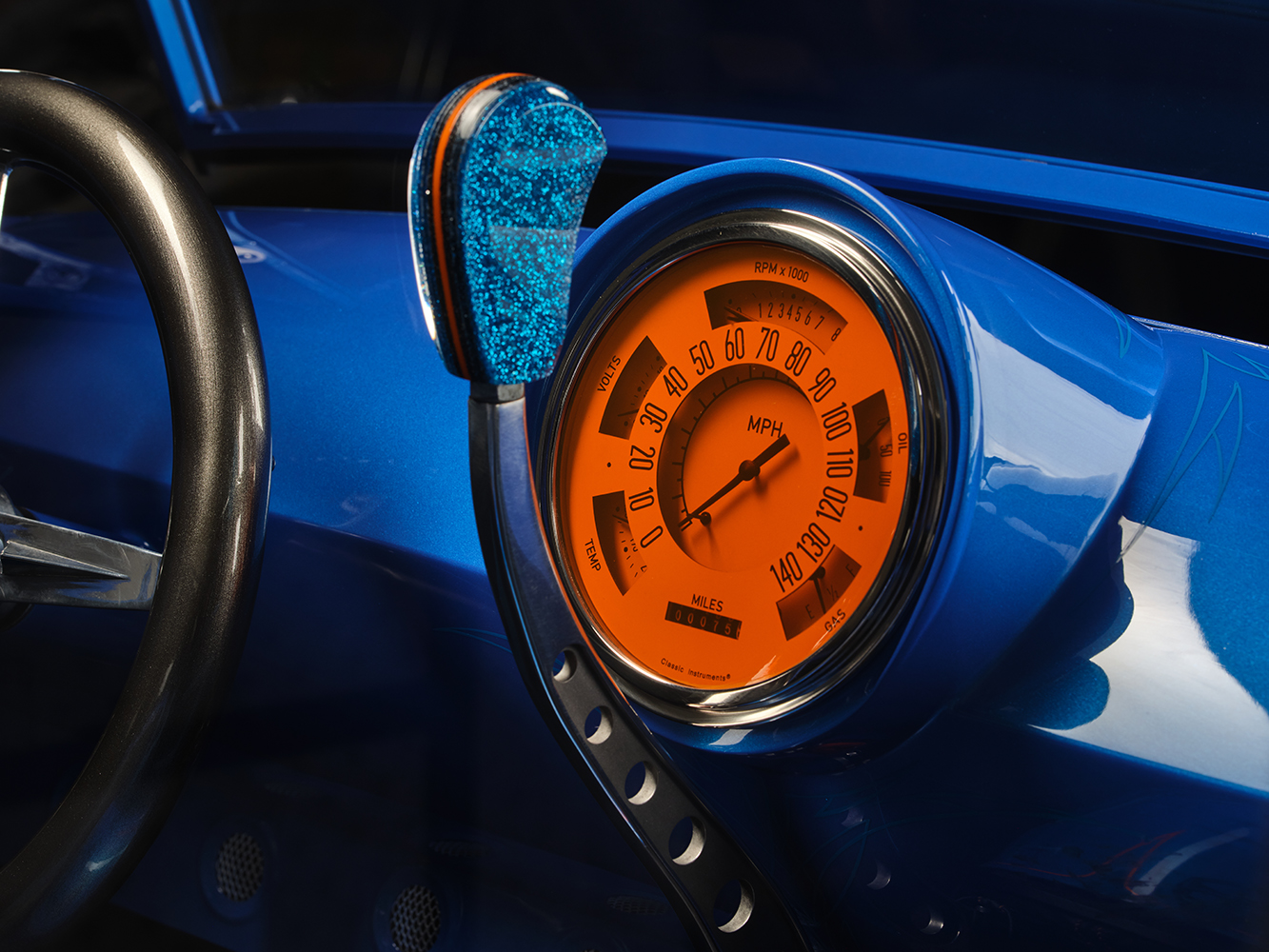 23 1928 Ford Sedan orange speedometer with retro styling and custom blue metallic shifter knob
