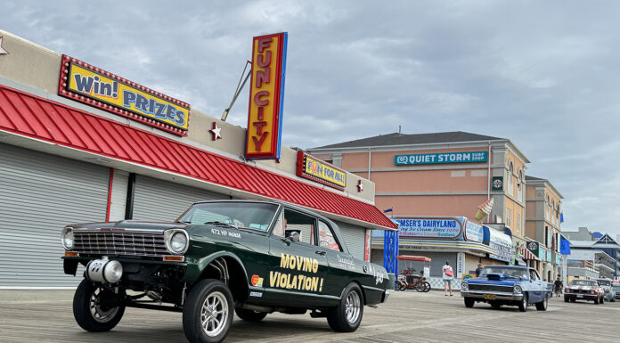 001 1966 Chevy Nova gasser Moving Violation on the boardwalk with high front lift and straight axle stance