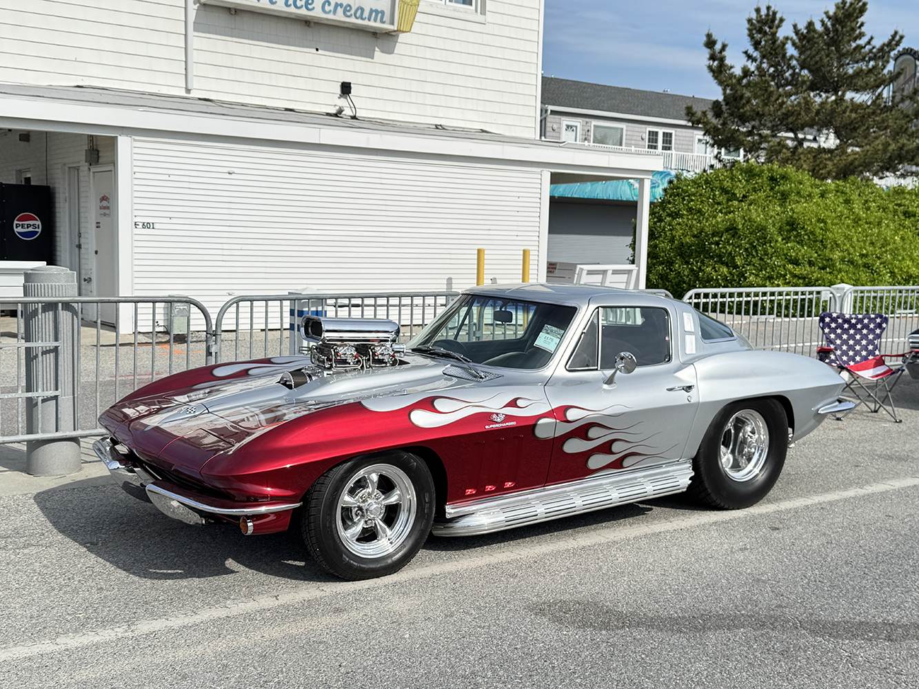 003 1963 Chevy Corvette split window coupe with blower and custom flame job over silver and candy red paint