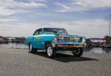 003 1966 Chevrolet Nova Gasser straight on front view with a clear display of its dragster inspired aggressive look