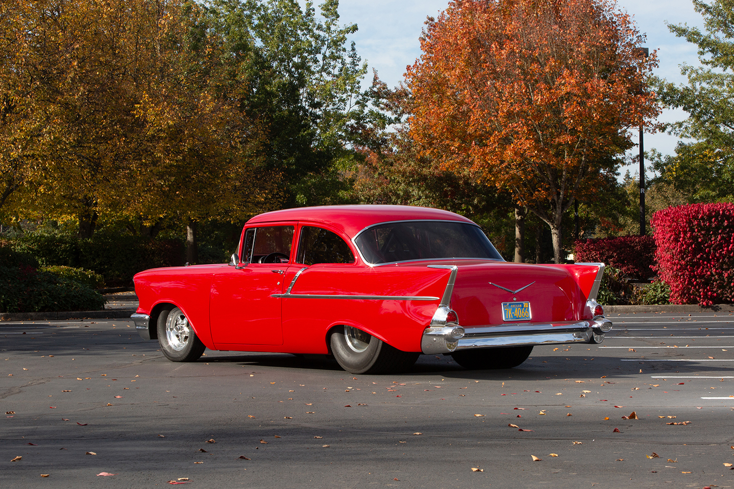 003 Rear angle of the Chevy Bel Air highlighting its signature tail fins and chrome trim