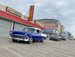 008 1956 Chevy 210 wagon in blue and white cruising the boardwalk on chrome 5 spoke wheels