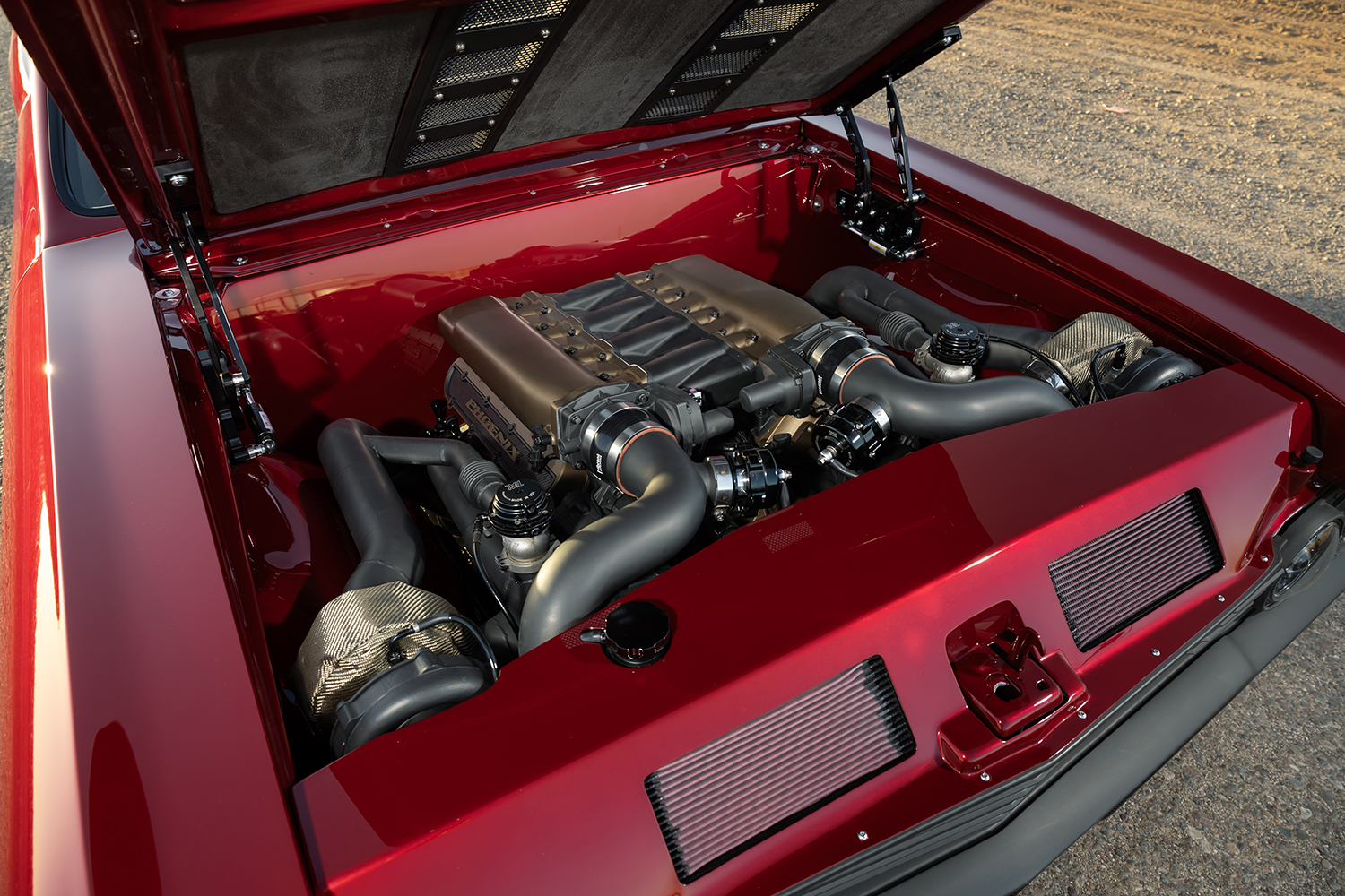 008 1966 Chevelle twin turbo engine bay Phoenix intake dual intercoolers