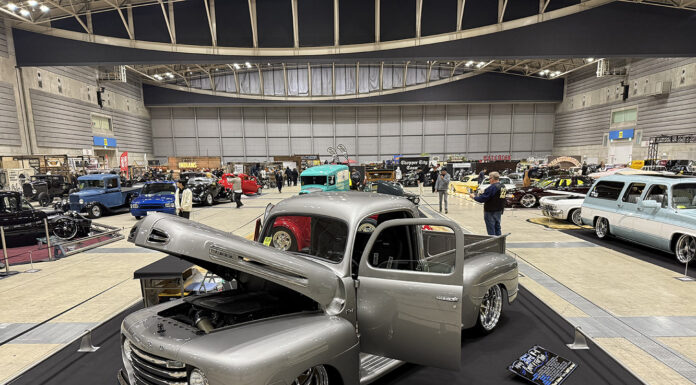 01 1949 Ford F1 – Silver with a modern stance polished wheels and a custom engine bay on display