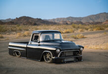 01 1957 Chevy pickup laying frame deep concave wheels tucked rear fenders stance build