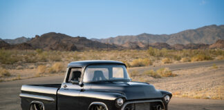 01 1957 Chevy pickup laying frame deep concave wheels tucked rear fenders stance build