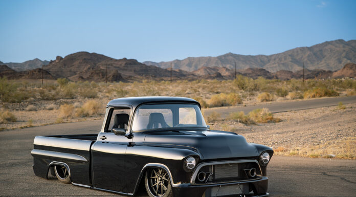 01 1957 Chevy pickup laying frame deep concave wheels tucked rear fenders stance build