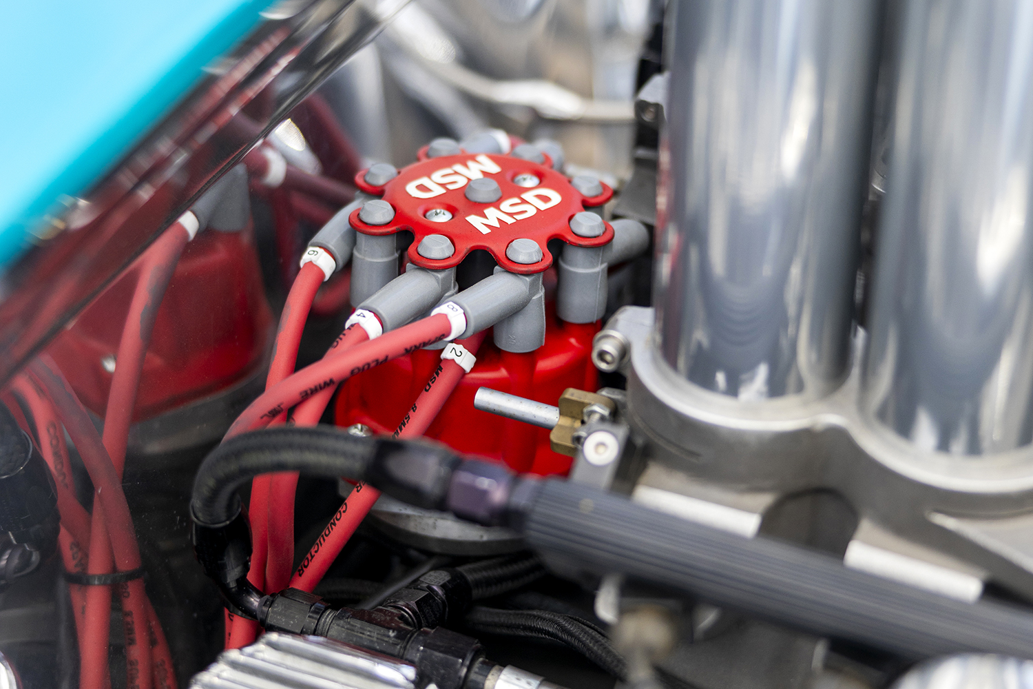 011 MSD ignition distributor with red wires installed on a 1966 Chevy Nova engine for precise spark control