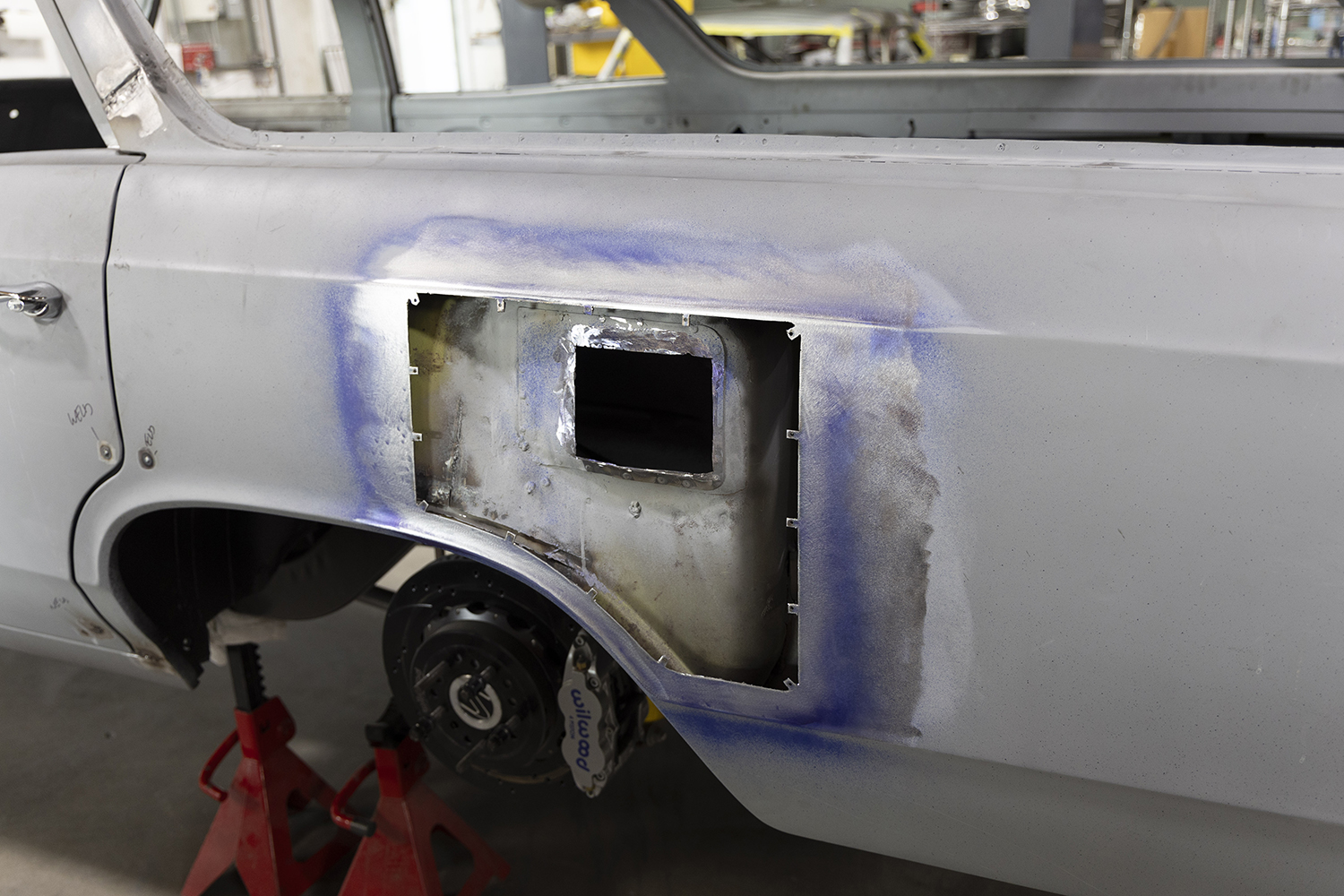 013 Fuel door opening is fully cut out revealing the inner structure and bracing for the new modification
