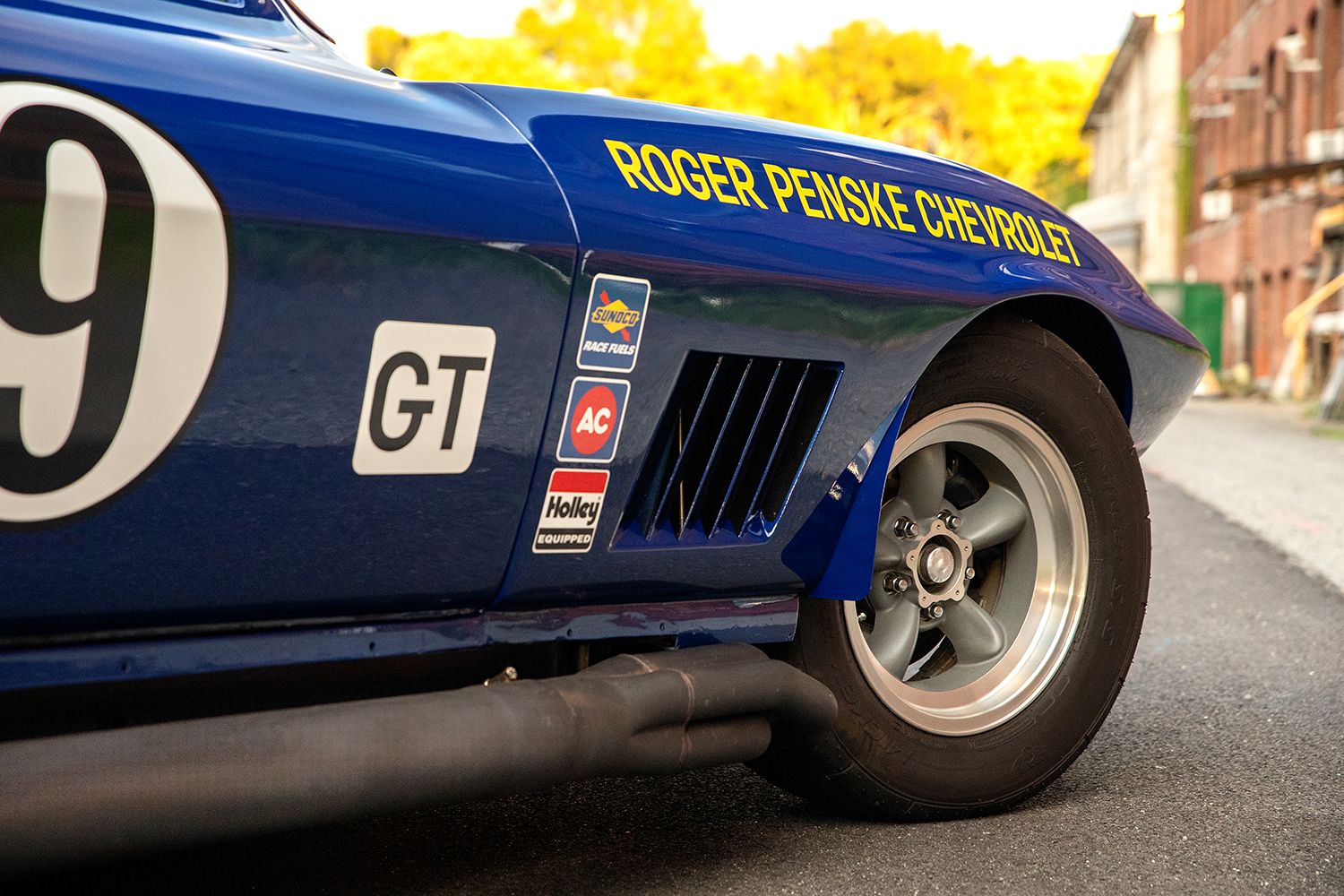 014 1966 Chevrolet Corvette close up of racing decals Roger Penske Chevrolet graphics and GT class branding