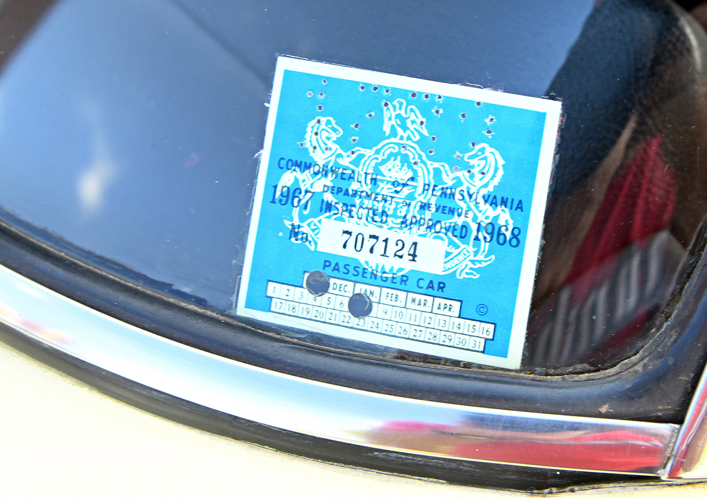 015 1967 Chevrolet Nova SS windshield featuring a vintage Pennsylvania passenger car inspection sticker from 1968