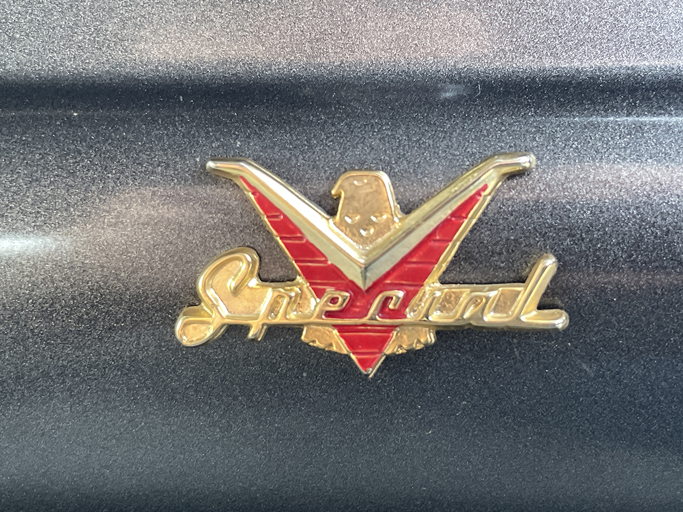 02 1957 Ford Custom emblem displaying Special in gold script with a red V and eagle accent
