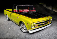 02 1968 Chevrolet C10 aggressive stance with modern wheels and red interior