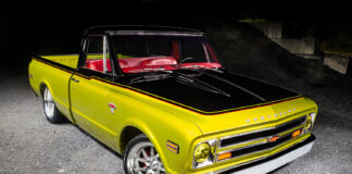 02 1968 Chevrolet C10 aggressive stance with modern wheels and red interior