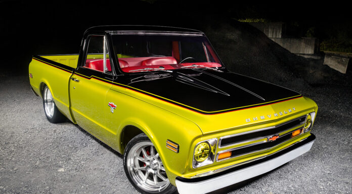 02 1968 Chevrolet C10 aggressive stance with modern wheels and red interior