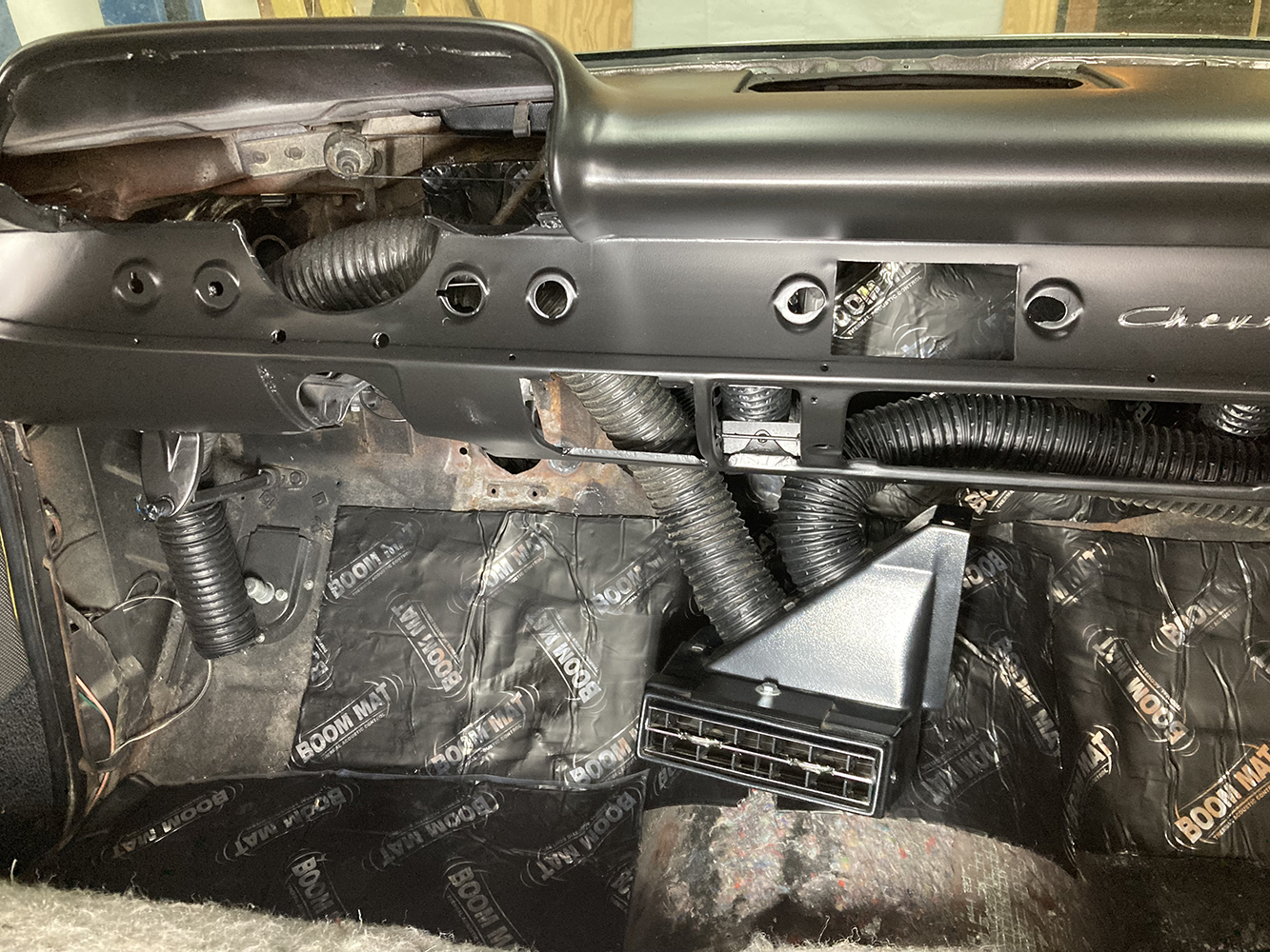 021 Dash installation with Vintage Air ducts and insulation installed