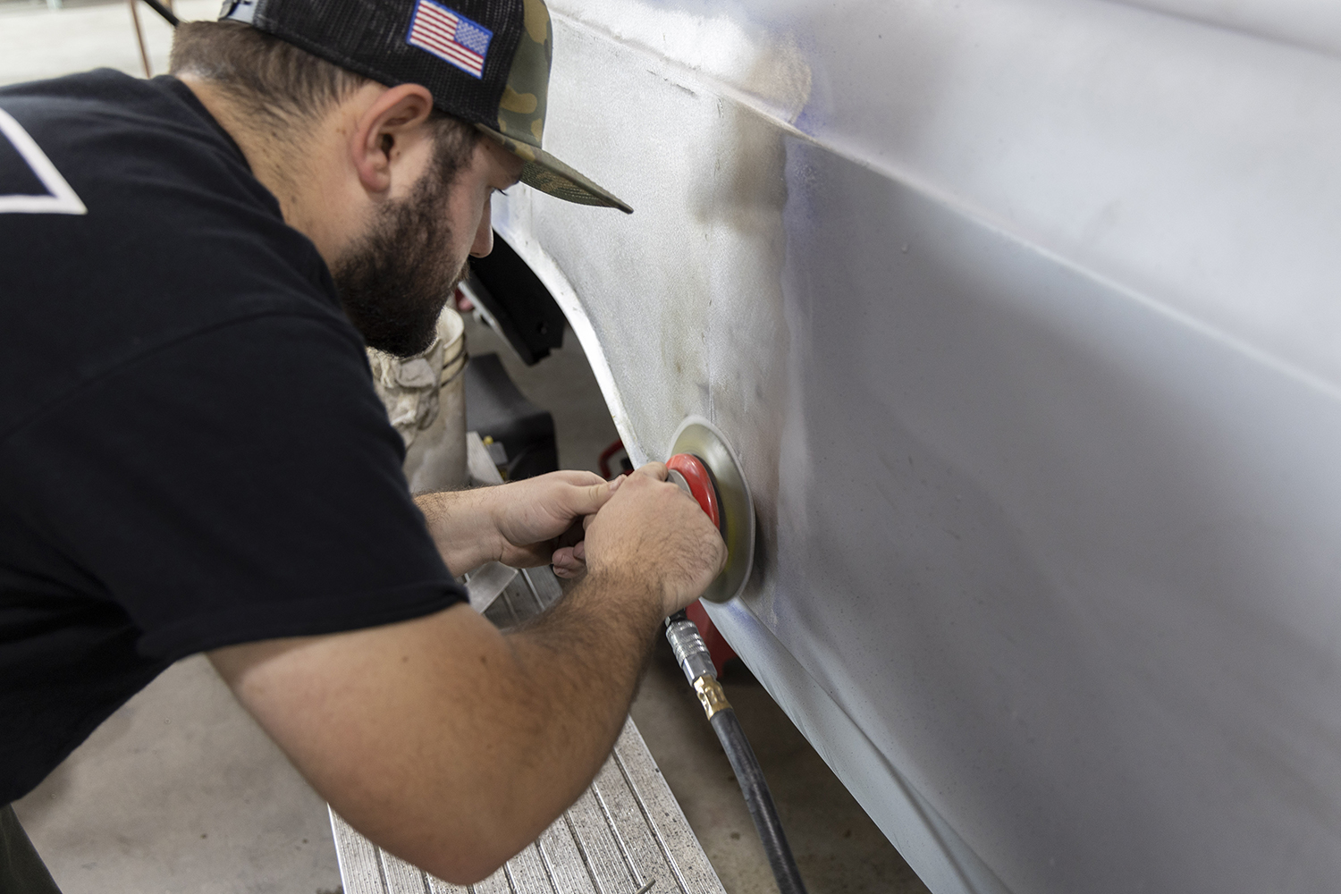 029 Final sanding stage preps the quarter panel for primer completing the fuel door delete modification