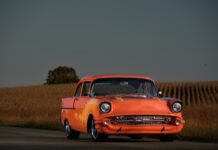 03 1957 Chevrolet Bel Air front view with classic dual headlights and a smooth shaved bumper