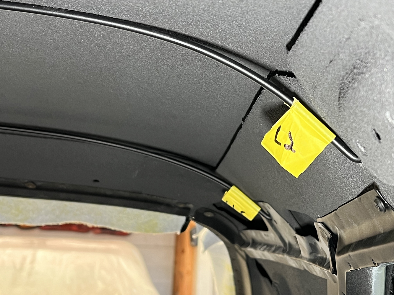 03 Interior roof structure of a 1970 Chevy Nova prepared for headliner installation