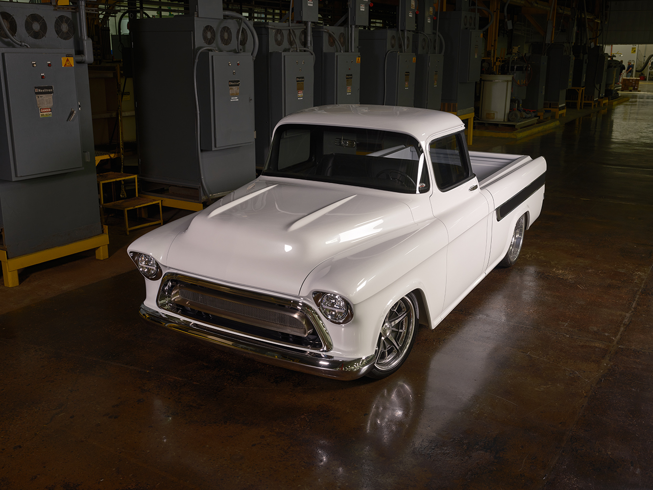 04 1957 Chevy Cameo pickup side profile lowered suspension billet wheels