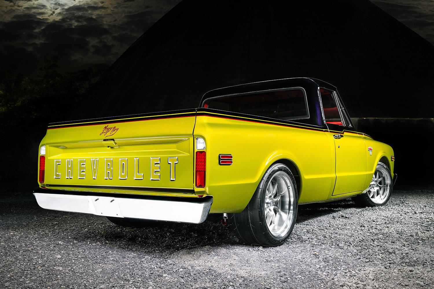 04 1968 Chevrolet C10 rear view with bold CHEVROLET tailgate lettering and chrome bumper