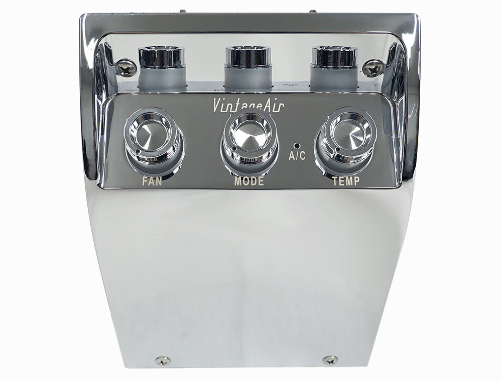 04 Chrome Vintage Air control panel with three rotary knobs for fan mode and temperature adjustment in a retro style housing