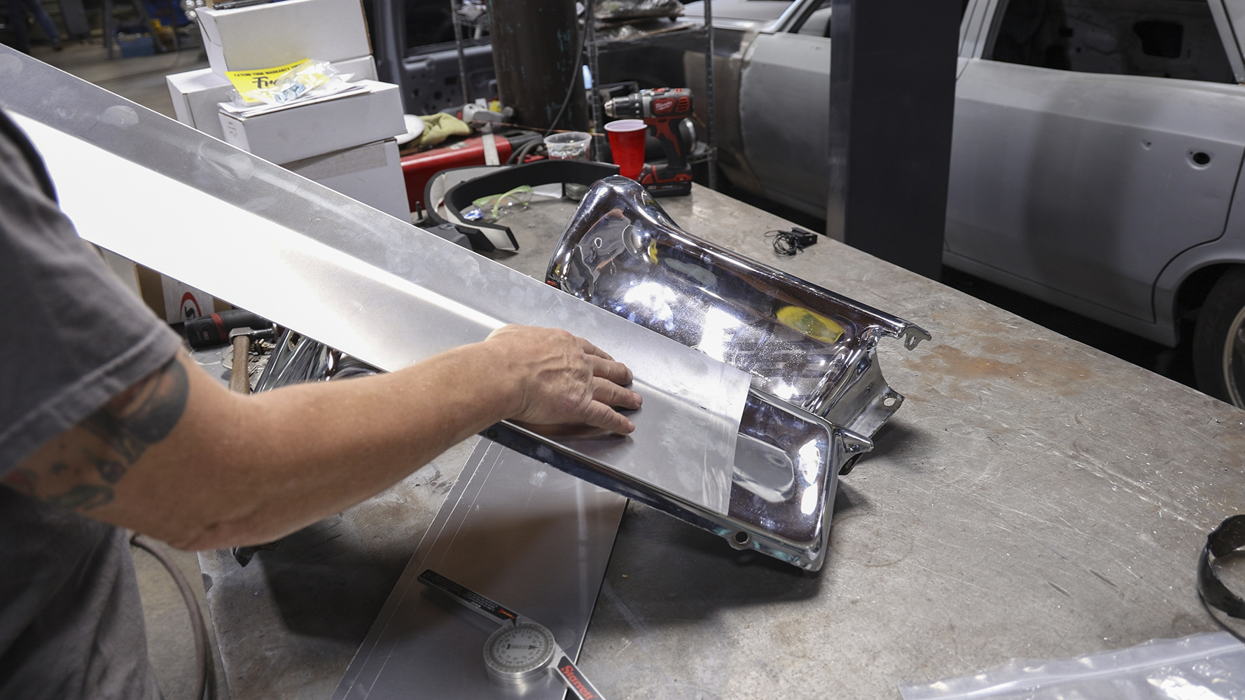 04 Measuring and preparing a custom fabricated aluminum piece for a 1962 Chevy Impala