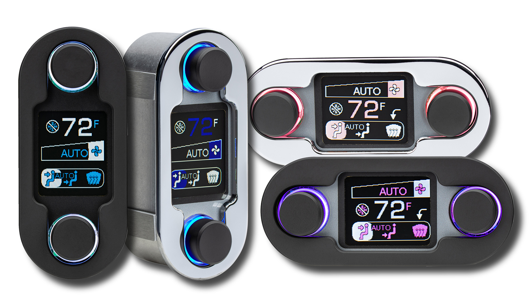 06 Digital Vintage Air climate control units with LED displays showing 72°F featuring customizable backlighting and modern rotary dials