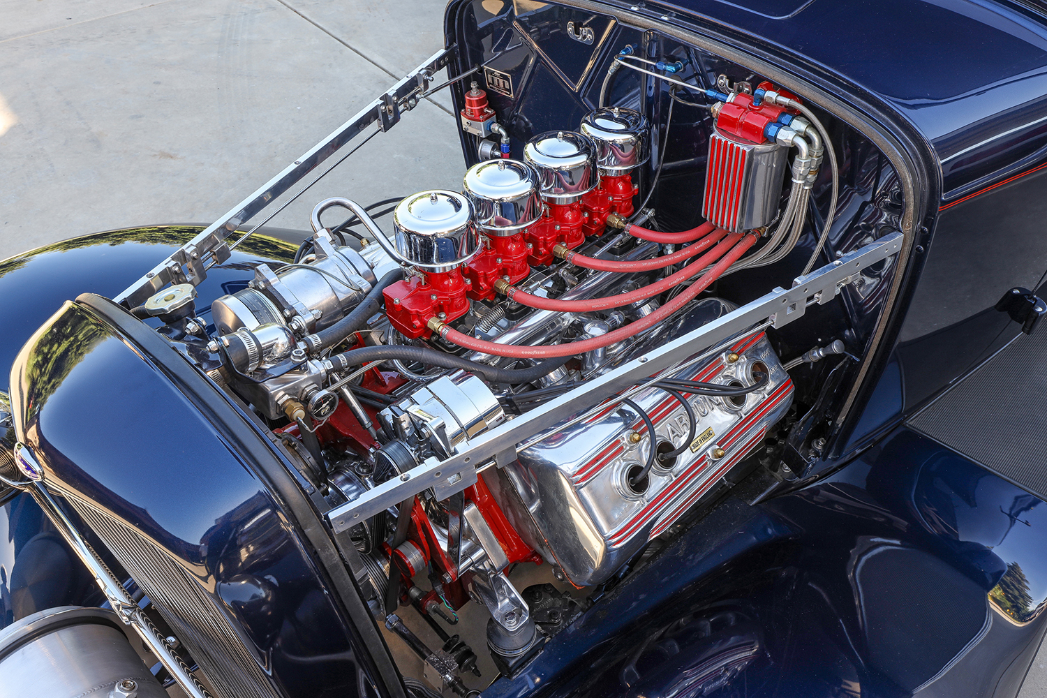 07 1932 Ford Tudor engine bay featuring an Ardun OHV conversion with four carburetors
