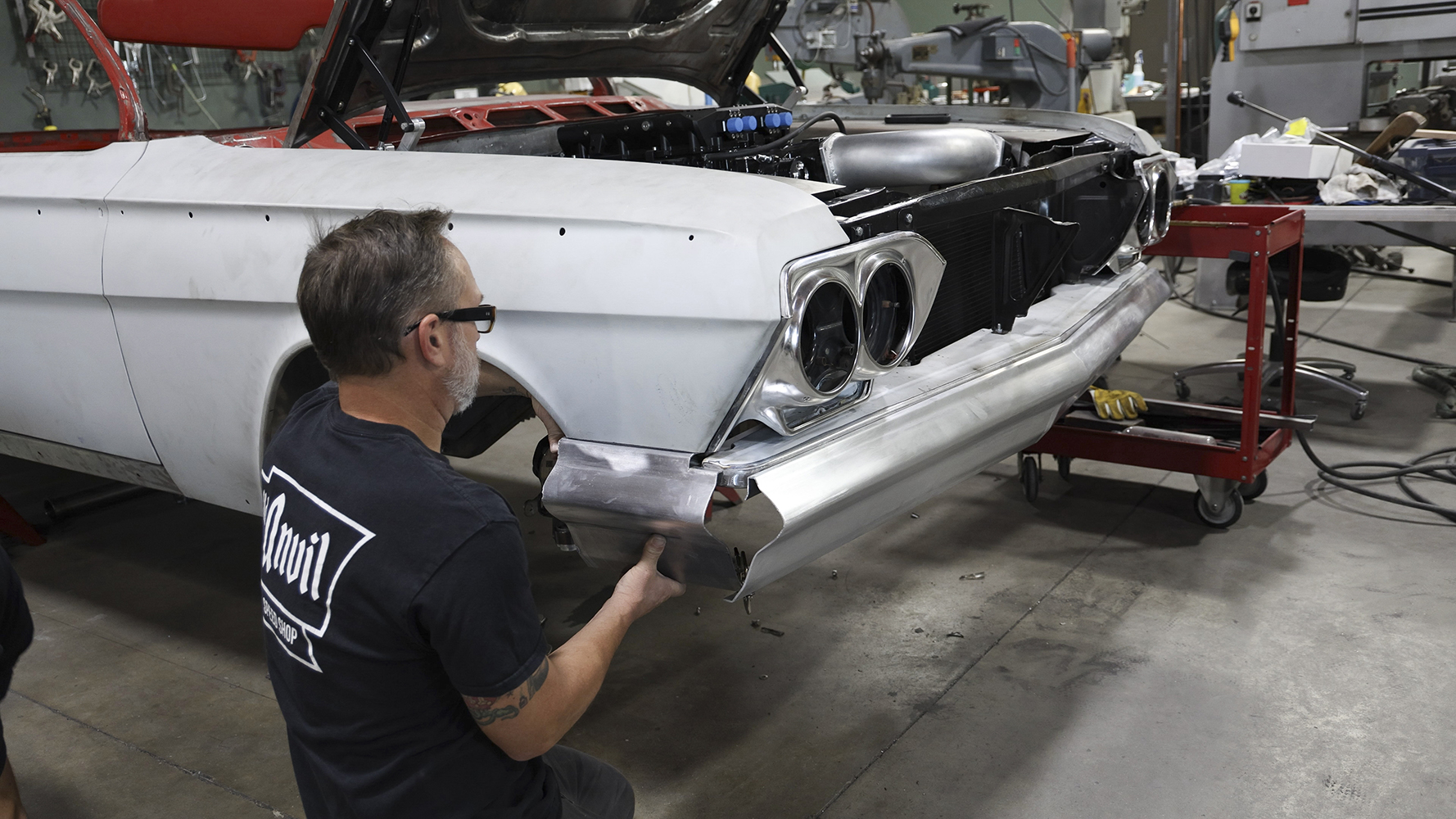 09 Test fitting a custom fabricated front bumper on a 1962 Chevy Impala