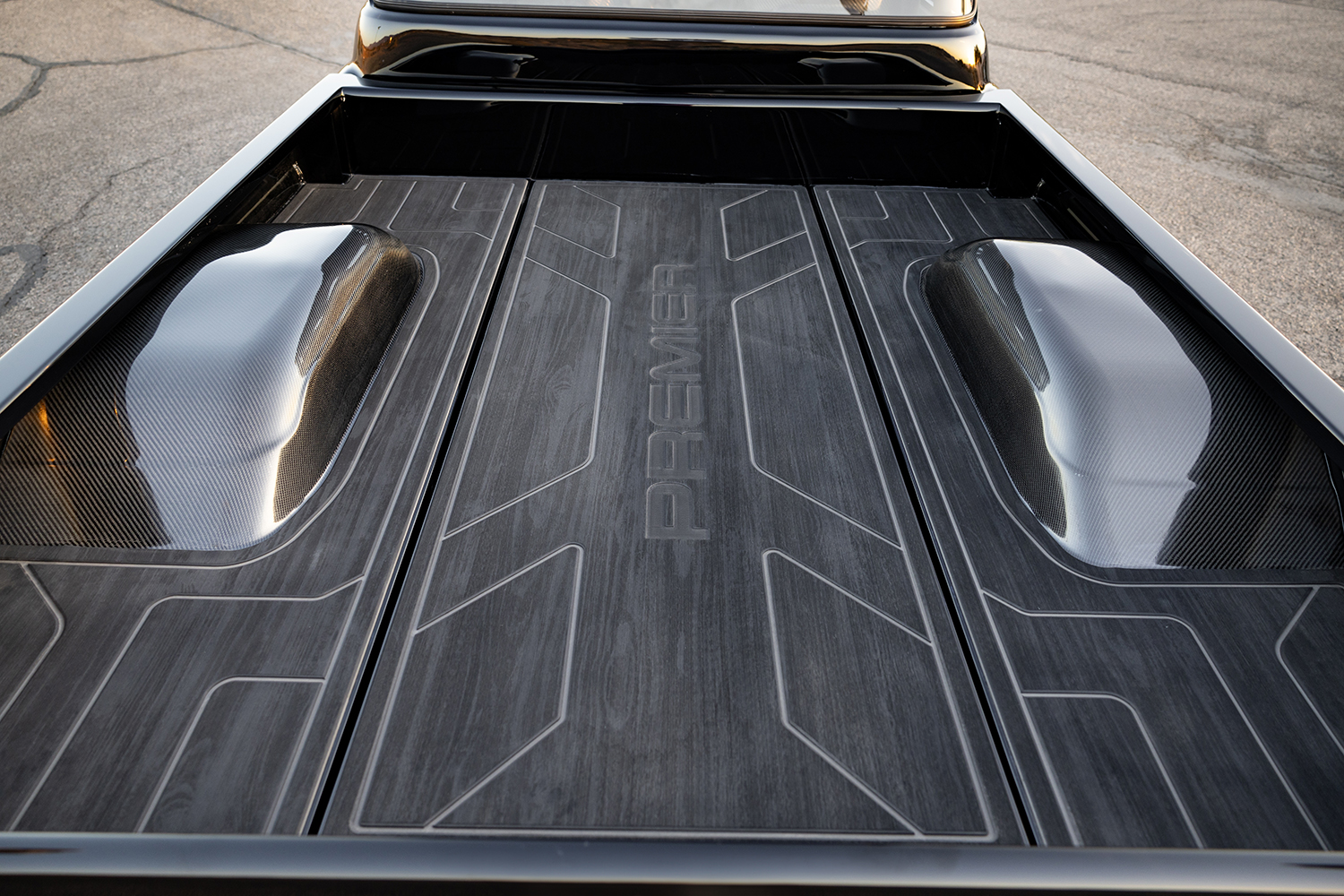 12 1957 Chevy pickup truck custom bed carbon fiber wheel tubs hidden storage panels