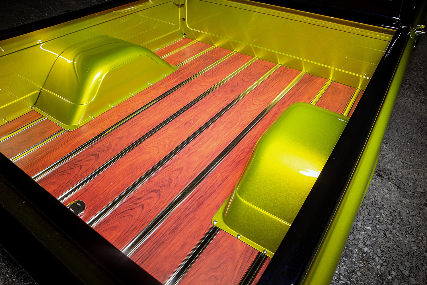13 1968 Chevrolet C10 stunning wood bed with polished strips and metallic green fender wells
