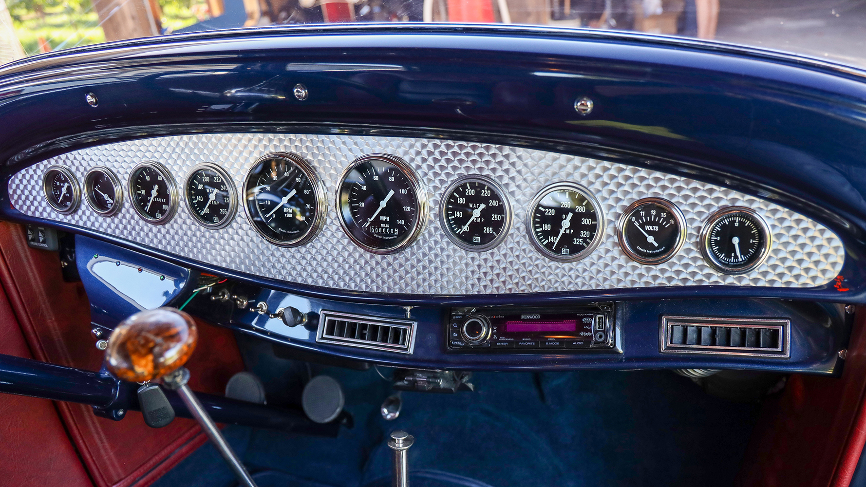 14 1932 Ford Tudor dashboard featuring engine turned aluminum with vintage style gauges