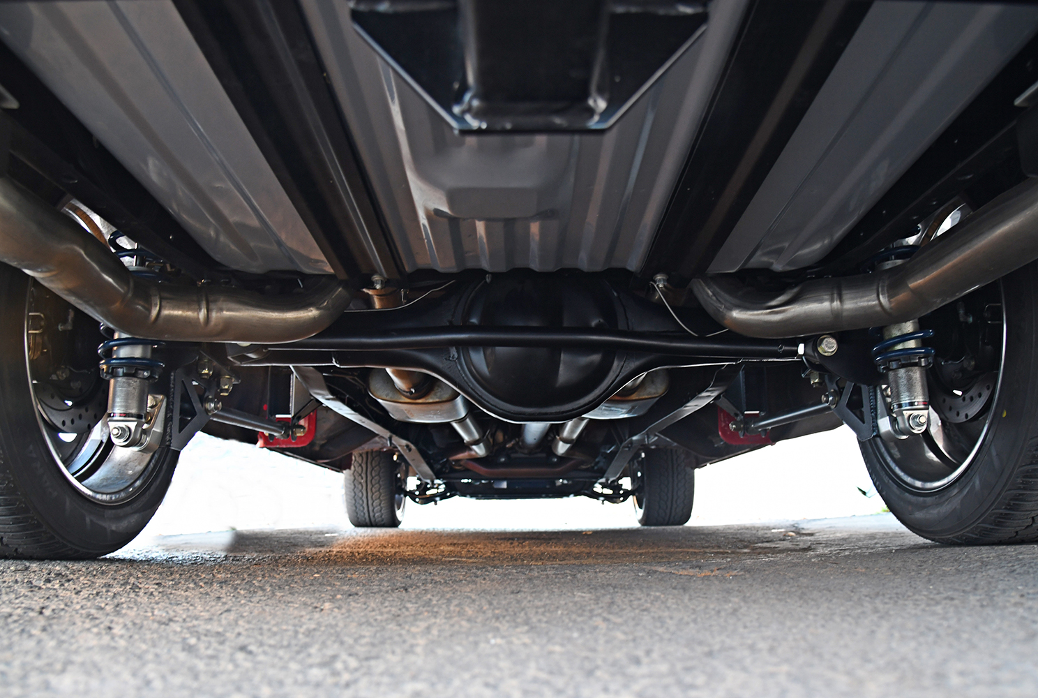14 1976 Ford F 150 rear suspension coilovers custom exhaust undercarriage setup