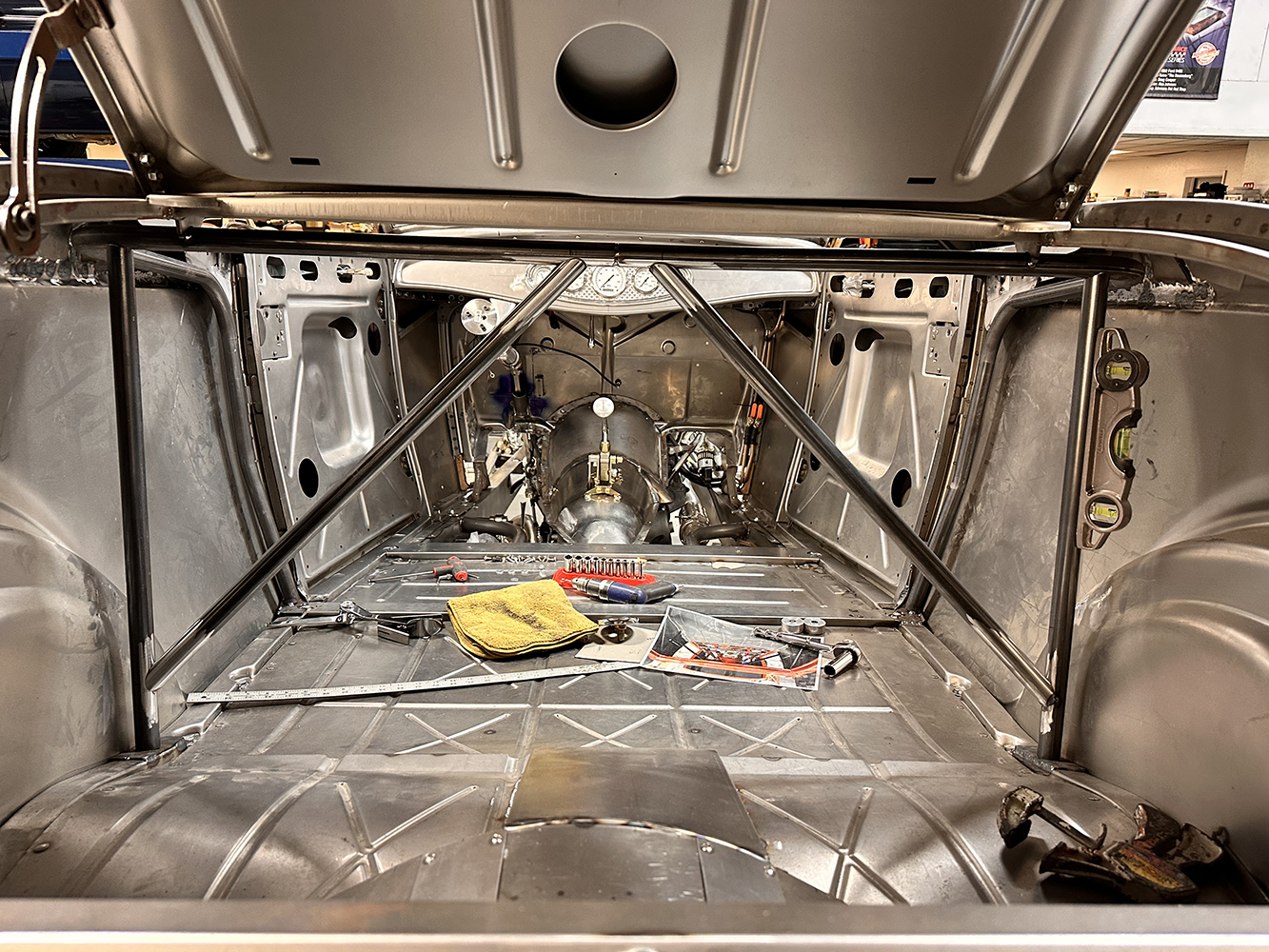 15 Interior view of a 1932 Ford Roadster trunk with cross bracing and exposed sheet metal fabrication