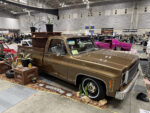 16 1973 1987 Chevy C10 Squarebody – Brown with a custom wooden bar setup in the bed