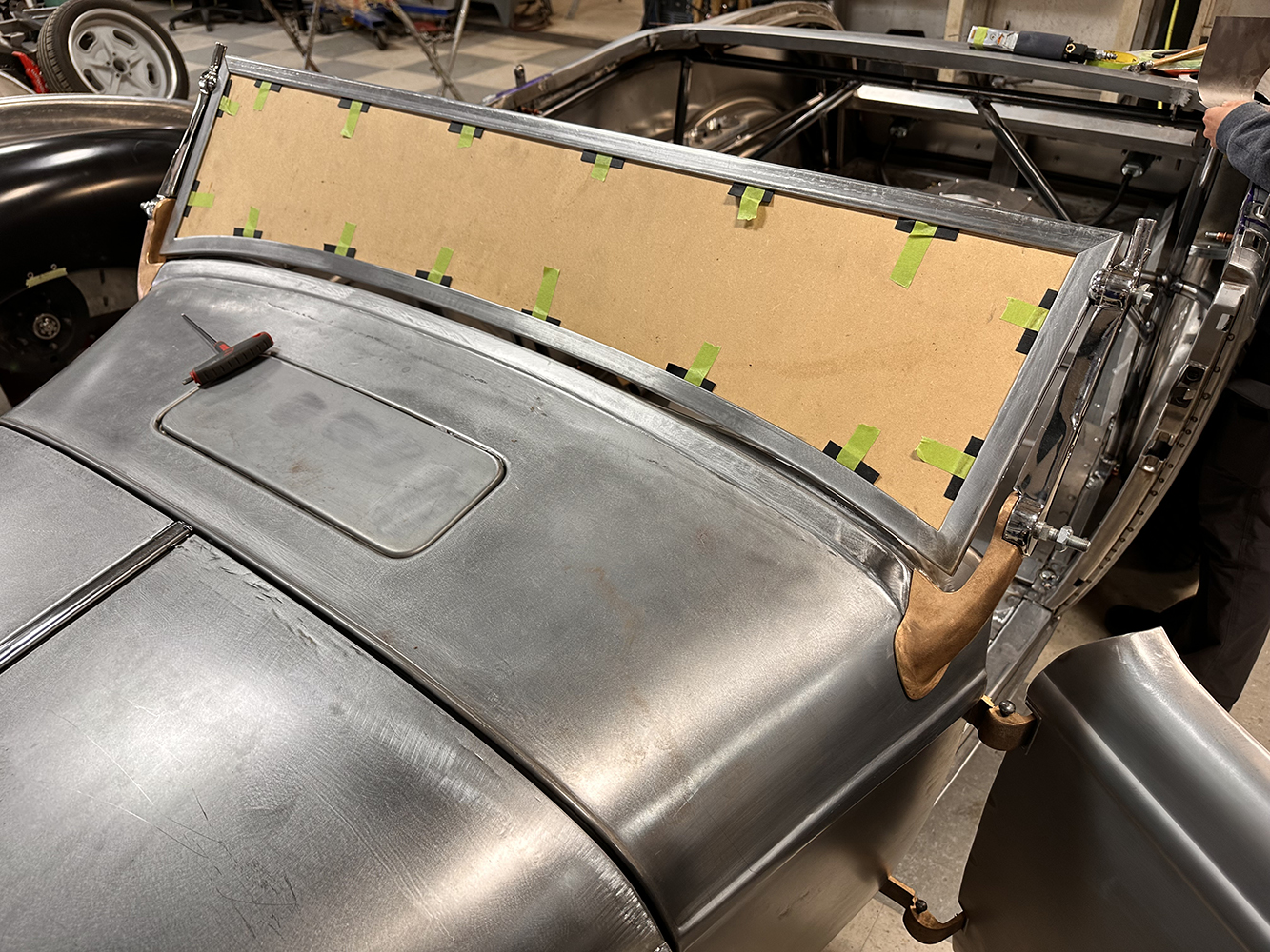 19 Custom windshield frame mock up on a 1932 Ford Roadster with brass stanchions and precise fitment