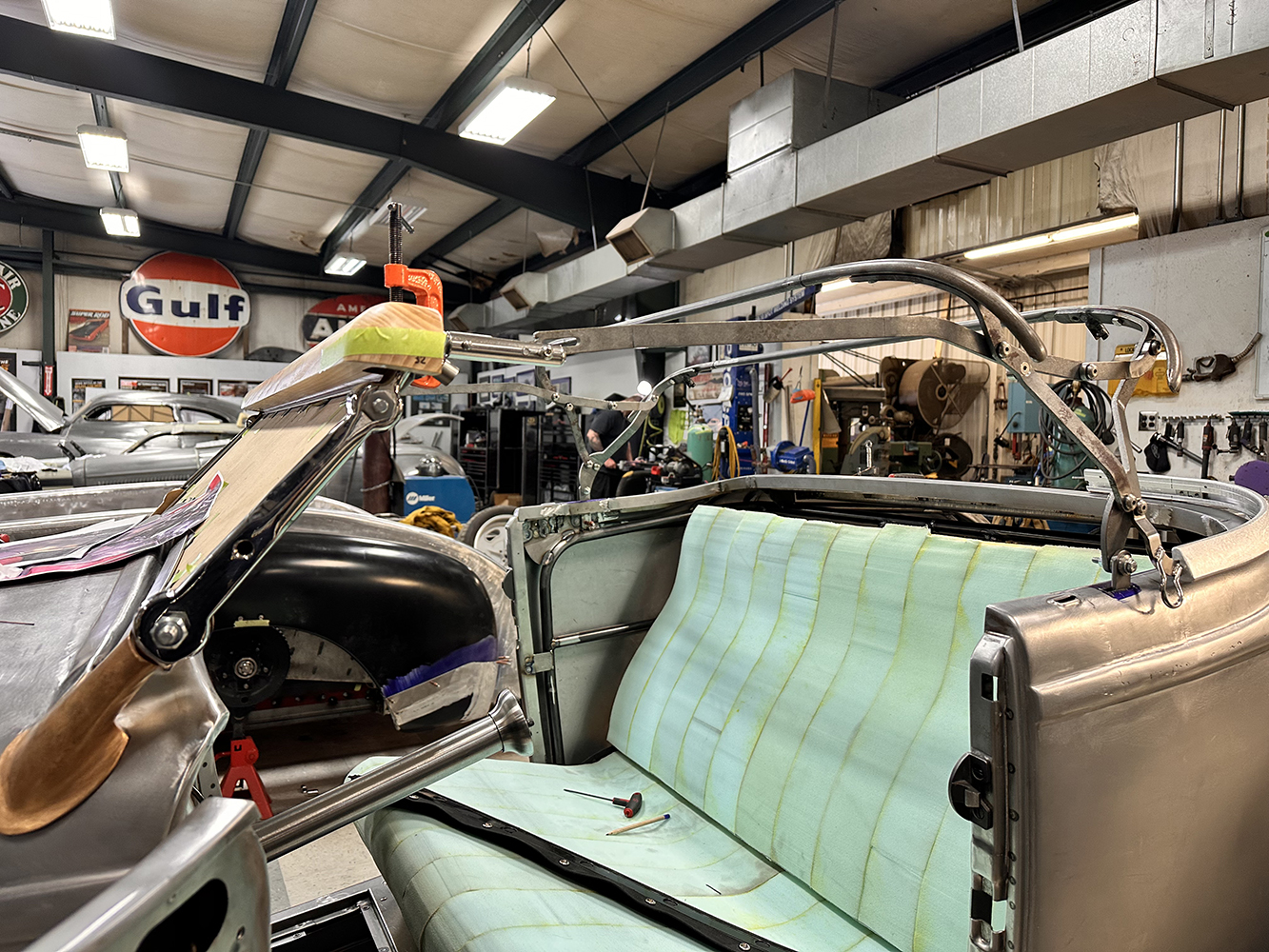 20 Convertible top frame mock up on a 1932 Ford Roadster with custom windshield stanchions and seat padding