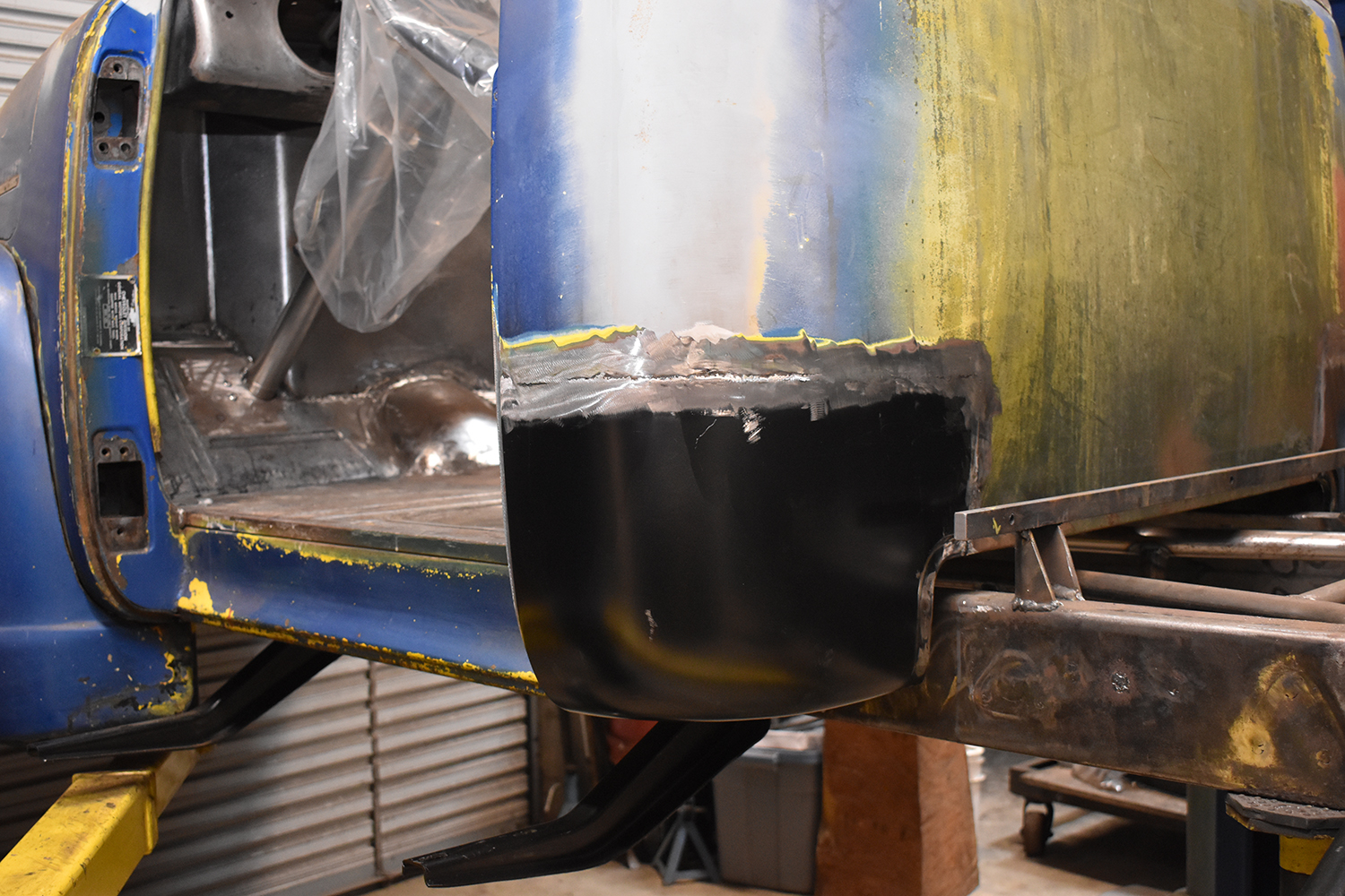 20 Fully welded and smoothed replacement cab corner installed on a classic truck
